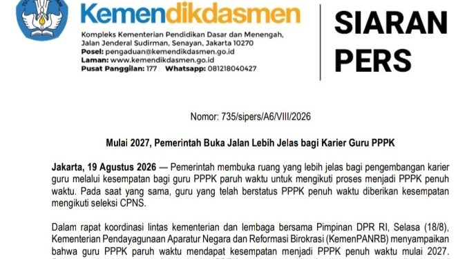 Kemendikdasmen Terbitkan Rilis Terkait Karier Guru PPPK Paruh Waktu dan PPPK Penuh Waktu Tahun 2027